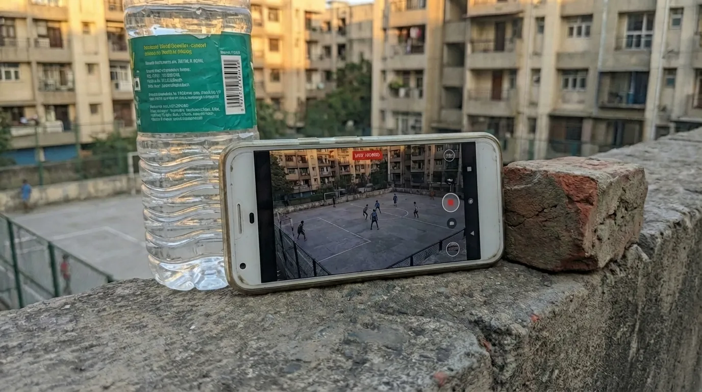 A phone leaning on a water bottle recording the match